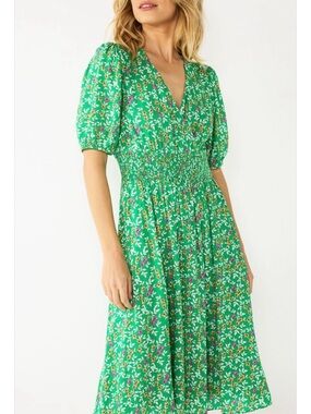 Draper James Green Floral V-Neck Smocked Midi Dress